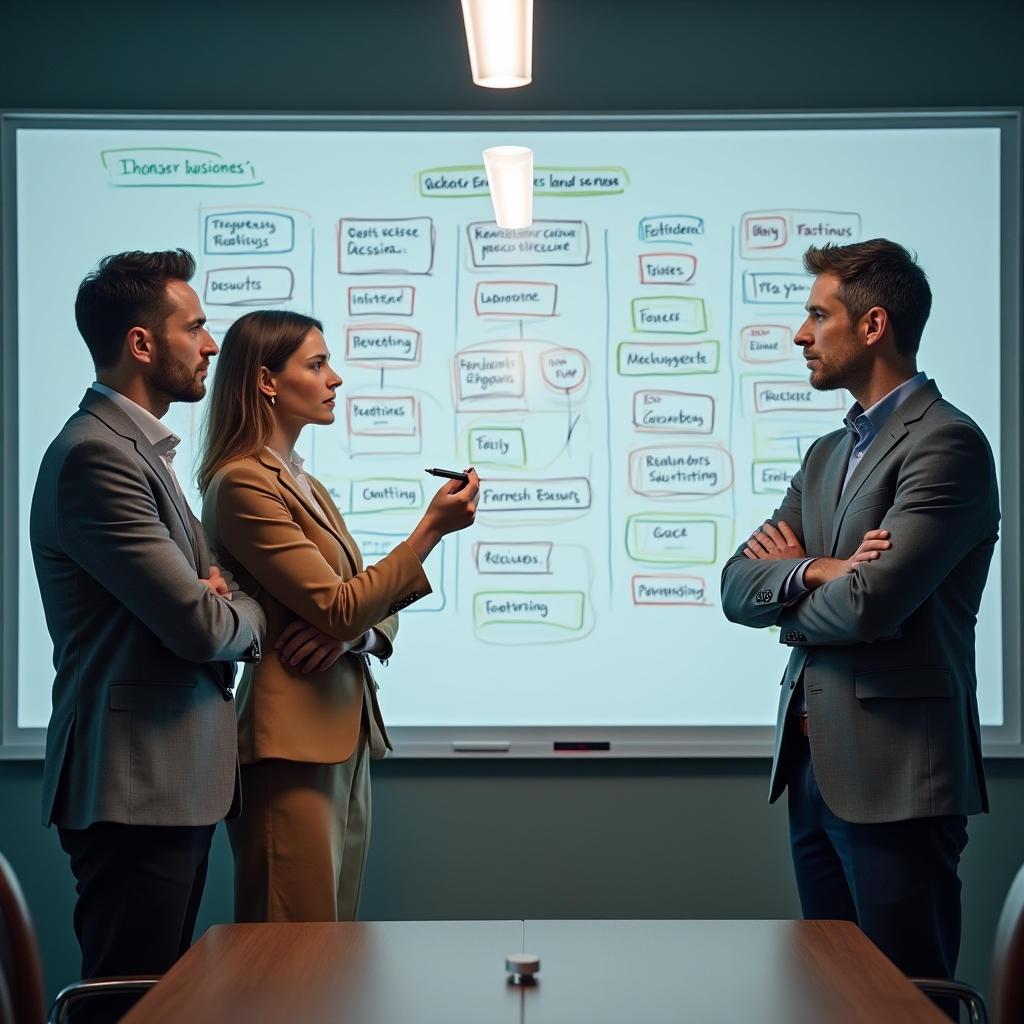 Geschäftsführer-Team arbeitet gemeinsam am Whiteboard