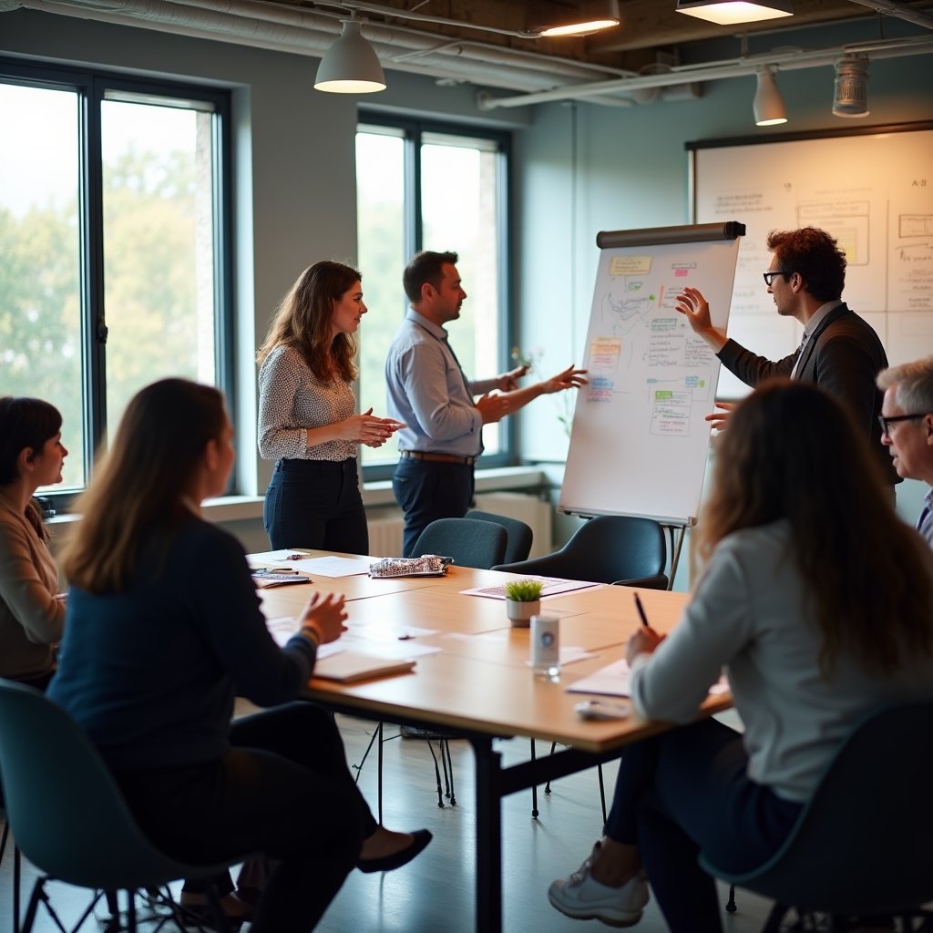 Gruppe von Führungskräften in aktivem Austausch während eines Workshops